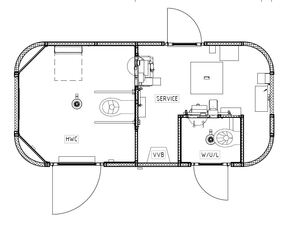 Floor plan public toilet with round corners, two WC